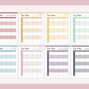 May include: Eight printable prayer planner pages in different colors: red, orange, yellow, green, blue, pink, purple, and gray. Each page has a grid layout with lines for writing.