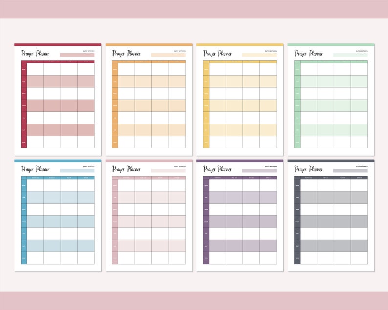May include: Eight printable prayer planner pages in different colors: red, orange, yellow, green, blue, pink, purple, and gray. Each page has a grid layout with lines for writing.