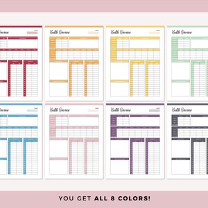 May include: Eight printable health tracker pages in different colors: red, orange, yellow, green, blue, pink, purple, and gray. Each page has the text "Health Overview" at the top and includes sections for tracking various health metrics.