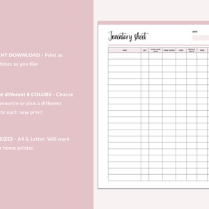 May include: Printable inventory sheet with columns for item, quantity, purchase price, date listed, cost, resale price, fees, and profit. The sheet is available in eight colours and two sizes: A4 and Letter.