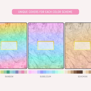 K&ouml;nnte beinhalten: Drei verschiedene Notizbuchcover mit Marmormustern und goldenen Akzenten. Die Cover sind Regenbogen, Bubblegum-Pink und Beige. Jedes Cover hat einen leeren Platz f&uuml;r einen Titel. Der Text "UNIQUE COVERS FOR EACH COLOR SCHEME" befindet sich oben im Bild.