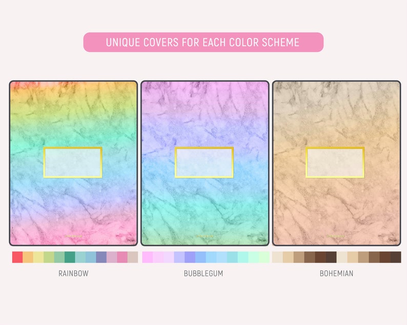 K&ouml;nnte beinhalten: Drei verschiedene Notizbuchcover mit Marmormustern und goldenen Akzenten. Die Cover sind Regenbogen, Bubblegum-Pink und Beige. Jedes Cover hat einen leeren Platz f&uuml;r einen Titel. Der Text "UNIQUE COVERS FOR EACH COLOR SCHEME" befindet sich oben im Bild.