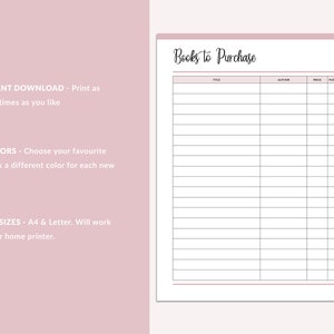May include: Printable book wish list tracker with columns for title, author, price, and purchased. The list has 15 rows for books to be added. The text "Books to Purchase" is at the top of the page.