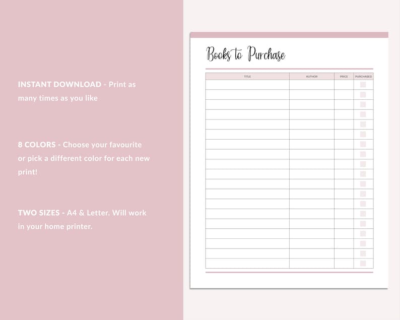 May include: Printable book wish list tracker with columns for title, author, price, and purchased. The list has 15 rows for books to be added. The text "Books to Purchase" is at the top of the page.