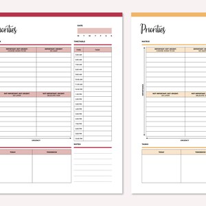 May include: Two printable daily planner pages with a red and orange color scheme. The pages are divided into sections for tasks, timetables, and notes. The pages are designed to help users prioritize their tasks and manage their time effectively.