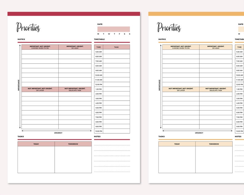 May include: Two printable daily planner pages with a red and orange color scheme. The pages are divided into sections for tasks, timetables, and notes. The pages are designed to help users prioritize their tasks and manage their time effectively.