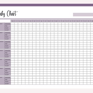 May include: A printable baby chart with a light purple background and black grid lines. The chart is divided into days of the week, with columns for feeding, pee, poop, and sleep. The days of the week are labeled in black text. The chart is titled "Baby Chart" in black cursive text.