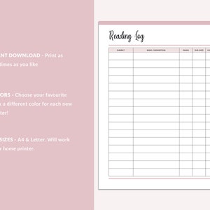 May include: Printable reading log with columns for subject, book/description, pages, due date, and complete. The text "Reading Log" is written in cursive at the top of the page.
