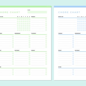 May include: Two printable chore charts, one in green and one in blue, with a checklist for each day of the week and a section for other chores.