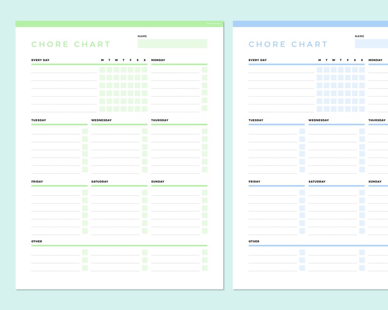May include: Two printable chore charts, one in green and one in blue, with a checklist for each day of the week and a section for other chores.
