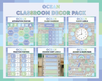 May include: A classroom decor pack with an ocean theme. The pack includes an affirmation station, class calendar, clock labels, fraction posters, drawer cart labels, and accent and shape pack. The color scheme is blue and green.