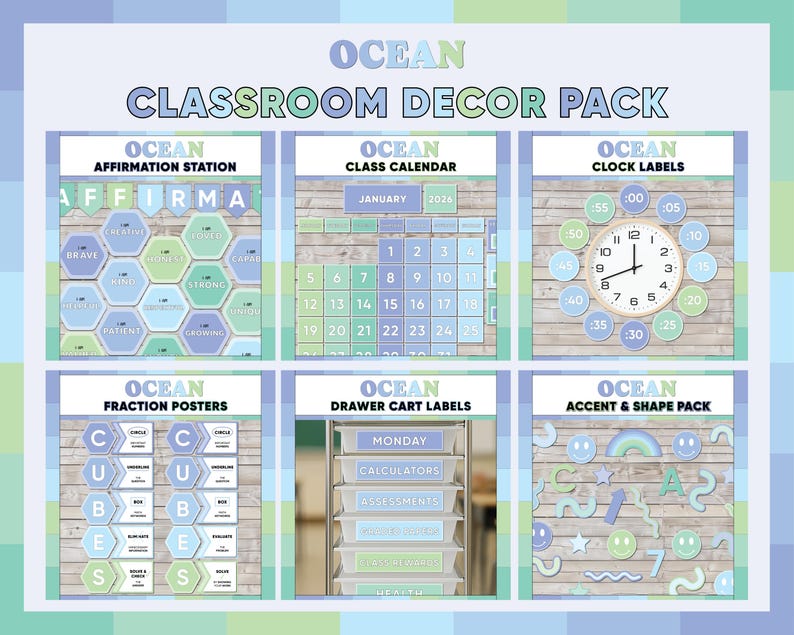 Ocean blue and green classroom decor bundle for bulletin board display