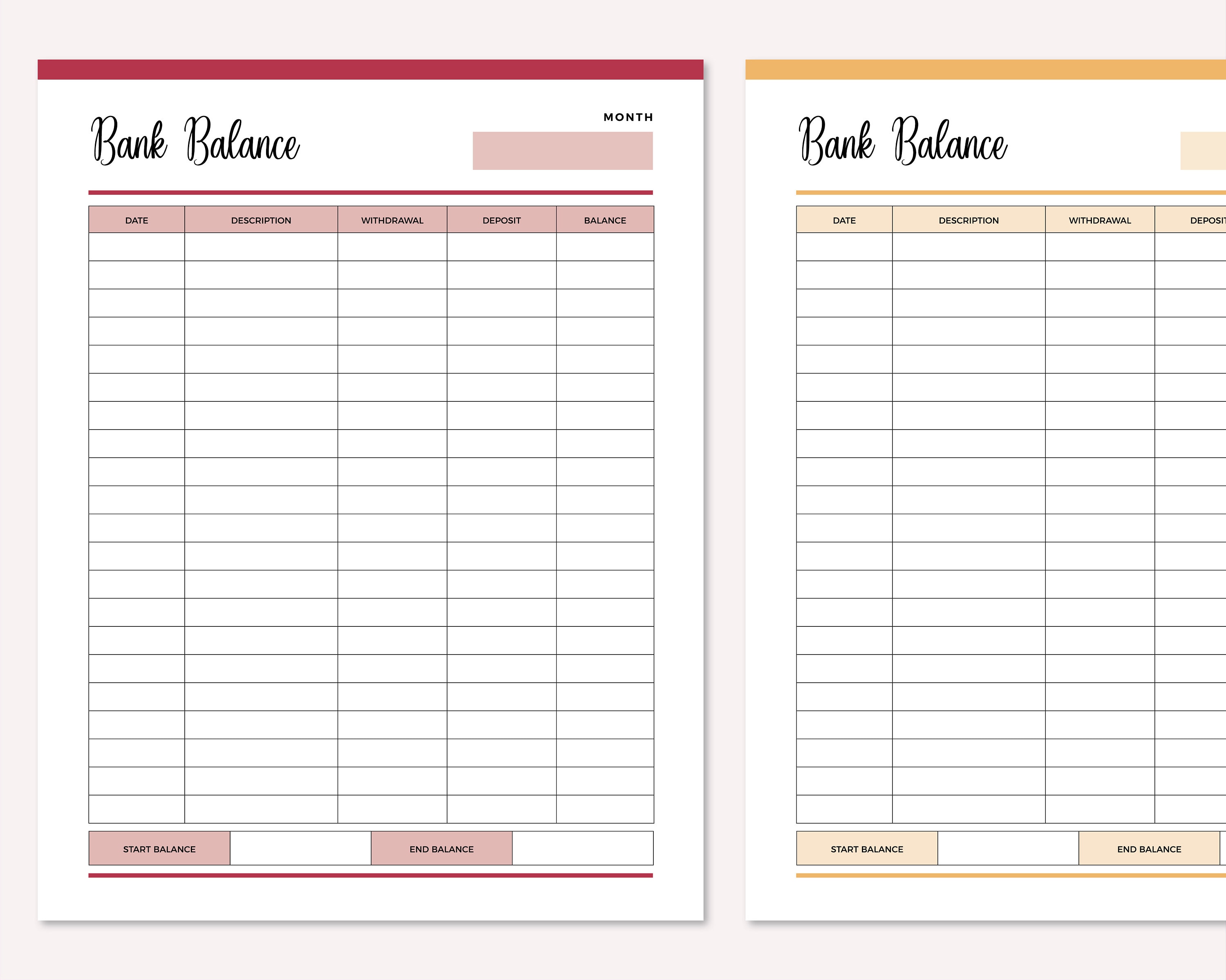 Printable Bank Balance Sheet, Savings Tracker, Banking Record, Finance ...