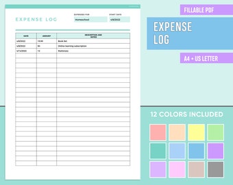 May include: A printable expense log template in PDF format. The template is designed for homeschool expenses and includes a date, amount, description, and notes columns. The template is available in 12 colors and is compatible with A4 and US Letter paper sizes.