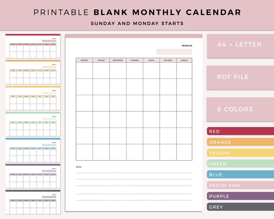 Blank Calendar Printable, Print at Home Blank Calendar, Minimalist ...