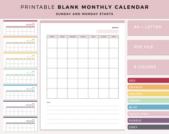 Blank Calendar Printable, Print at Home blank Calendar, minimalist calendar, blank monthly organizer and planner, pdf calendar, A4 & Letter
