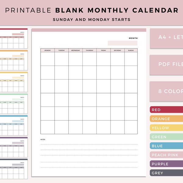 Blank Calendar Printable, Print at Home blank Calendar, minimalist calendar, blank monthly organizer and planner, pdf calendar, A4 & Letter