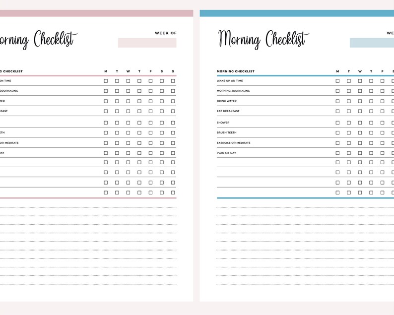 May include: Two-page spread of a morning checklist. The left page has a pink header and the right page has a blue header. Each page has a checklist with boxes to check off daily tasks like "Wake up on time" and "Drink water."