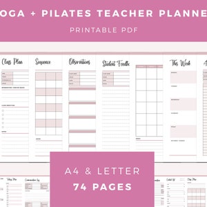 May include: Printable PDF planner for yoga and pilates teachers. The planner includes pages for class plans, sequences, observations, student feedback, this week, and attendance sheets. The planner is available in A4 and Letter sizes and includes 74 pages. The planner is available in 8 colours: red, orange, yellow, green, blue, peach pink, purple, and grey.
