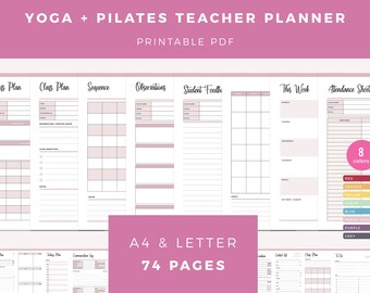 May include: Printable PDF planner for yoga and pilates teachers. The planner includes pages for class plans, sequences, observations, student feedback, this week, and attendance sheets. The planner is available in A4 and Letter sizes and includes 74 pages. The planner is available in 8 colors: red, orange, yellow, green, blue, peach pink, purple, and grey.