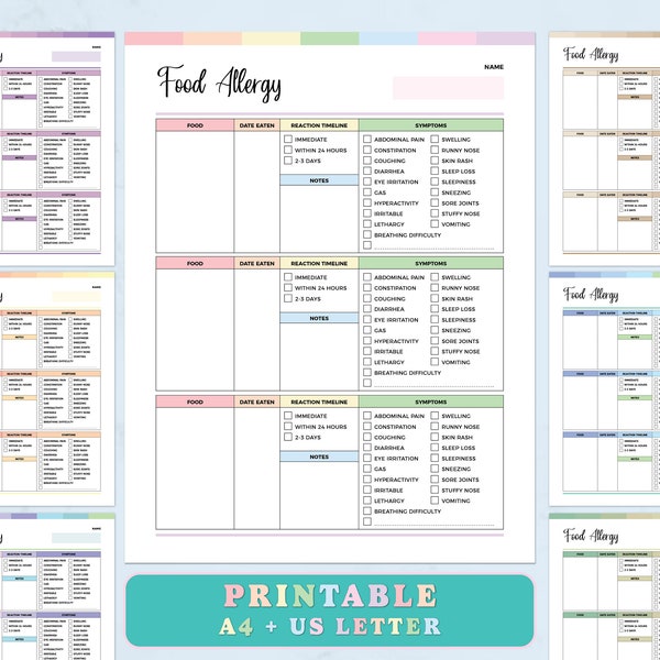 Printable Food Allergy Log, Food and Symptom Diary, Food Allergy Tracker PDF, Allergen Tracker, Food Reactions Sheet, Allergic Response