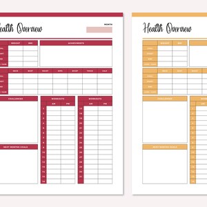 May include: Two printable health tracker pages with a red and orange color scheme. The pages include sections for weight, BMI, achievements, challenges, workouts, and next month's goals.