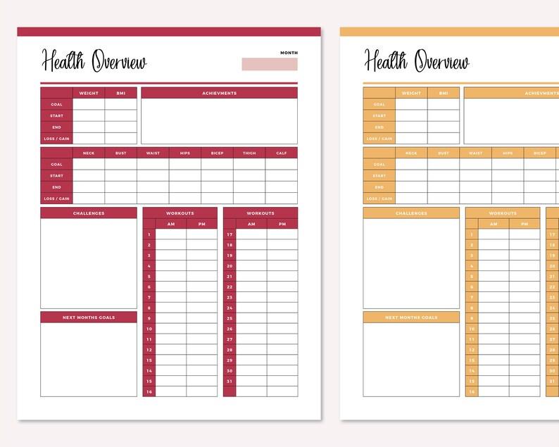 May include: Two printable health tracker pages with a red and orange color scheme. The pages include sections for weight, BMI, achievements, challenges, workouts, and next month's goals.