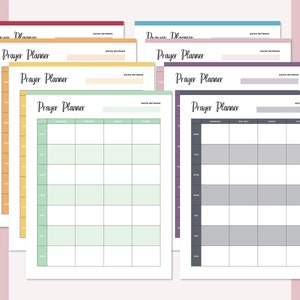 May include: A set of six printable prayer planner pages in different colors. Each page has a grid with columns for morning, mid-day, night, and other. The pages are labeled "Prayer Planner" and have a space for the dates.