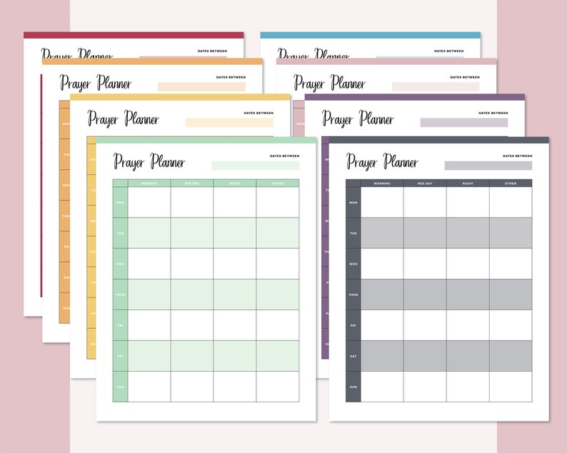 May include: A set of six printable prayer planner pages in different colors. Each page has a grid with columns for morning, mid-day, night, and other. The pages are labeled "Prayer Planner" and have a space for the dates.