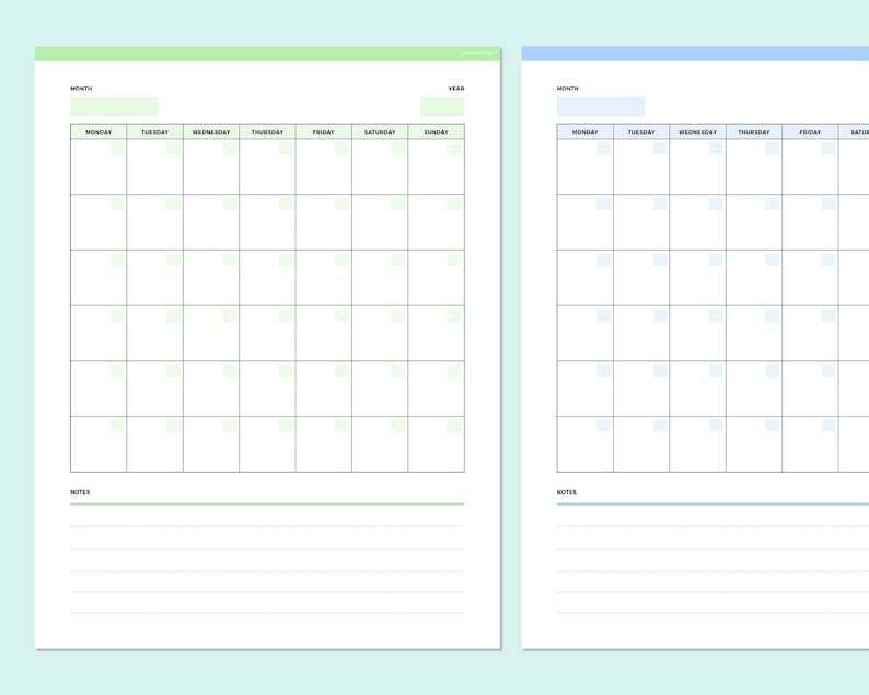 Two blank monthly calendar templates displayed together in green and blue color schemes with identical layouts featuring seven-day columns and notes sections.