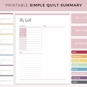 Könnte beinhalten: Druckbarer Quilt-Zusammenfassungsplaner in einem rosa, weißen und grauen Farbschema. Der Planer hat Abschnitte für Quiltinformationen, Design und Notizen. Der Planer ist in 8 Farben erhältlich: Rot, Orange, Gelb, Grün, Blau, Pfirsichrosa, Lila und Grau.