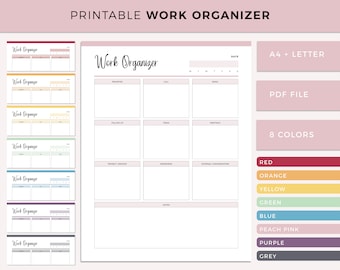 May include: Printable work organizer template with a grid layout and sections for priorities, follow up, tasks, meetings, project updates, remarks, and notes. The template is available in 8 colors: red, orange, yellow, green, blue, peach pink, purple, and grey. The template is available in A4 and Letter sizes and in PDF format.