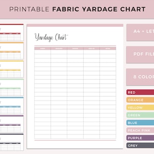 Printable Quilting Yardage Chart, Quilting Planner, Quilt Making Planner, Quilting Yardage Planner, Fabric Yardage Template, Quilt Guide