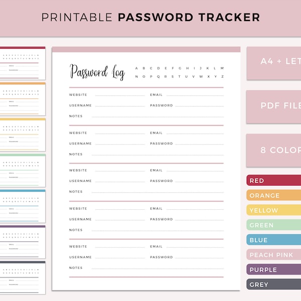 Printable Passwort Tracker, Passwort Log, Adressbuch Seiten, Sofort Download, Planner Vorlagen, Organizer, Größe A4 und US Letter