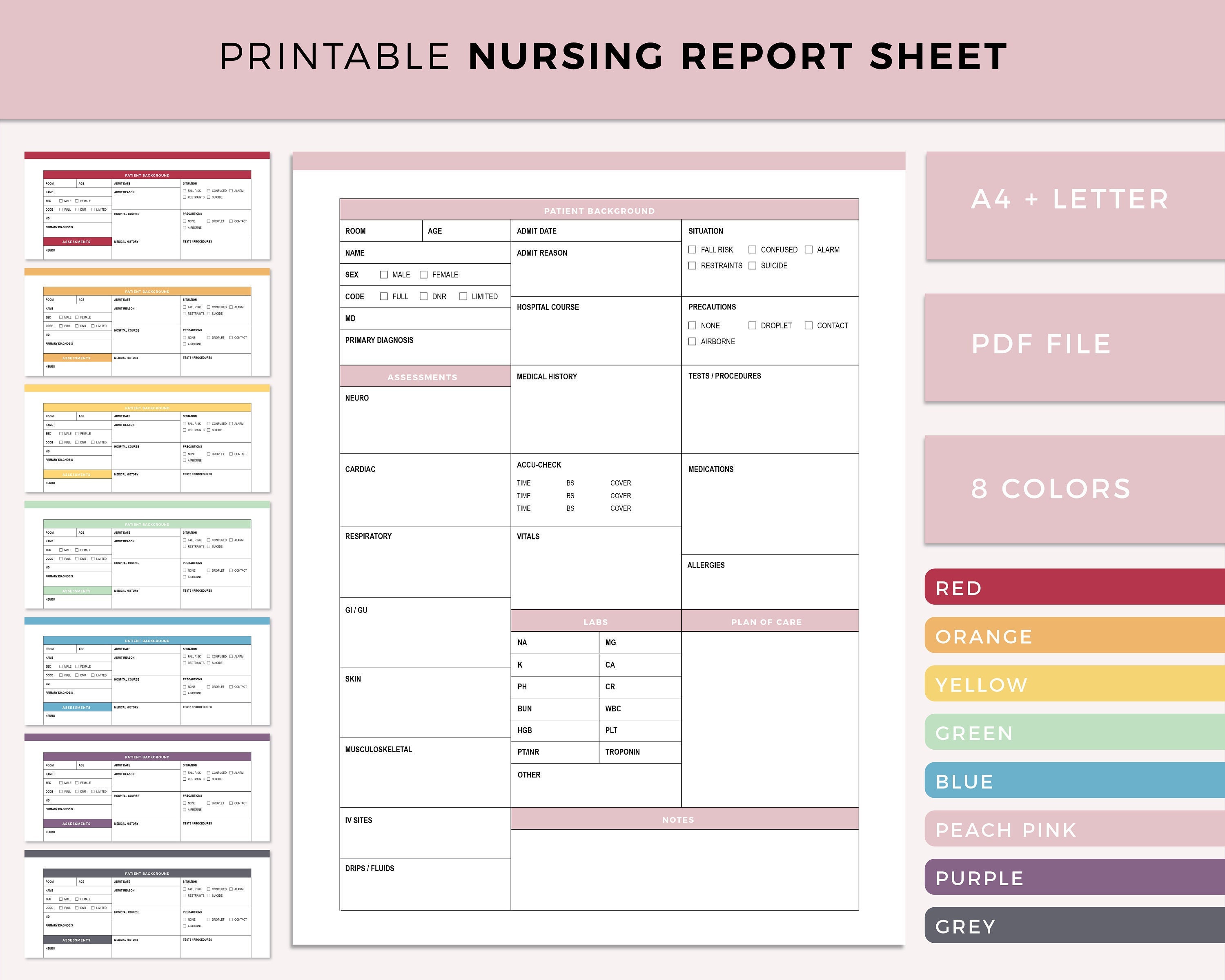 Printable Nursting Report Sheet, Nurse Brain Sheet, Single Patient  Reporting Template, ICU Nurses resources, Med Surg, A22 and US Letter Throughout Icu Report Template