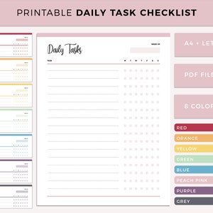 Daily checklist printable, Daily task checklist, print at home weekly habits, to do template, simple check list, daily chore list, A4 letter