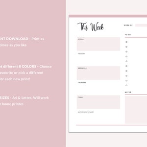 May include: Printable weekly planner with a pink background and the text "This Week" at the top. The planner includes sections for each day of the week, a to-do list, and a notes section.