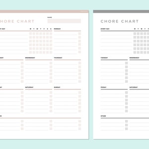 May include: Two printable chore charts with a simple design. The charts are divided into sections for "Every Day", "Monday", "Tuesday", "Wednesday", "Thursday", "Friday", "Saturday", "Sunday", and "Other". Each section has a space for writing tasks and a grid for checking off completed tasks.