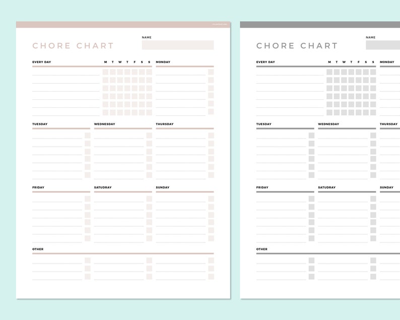 May include: Two printable chore charts with a simple design. The charts are divided into sections for "Every Day", "Monday", "Tuesday", "Wednesday", "Thursday", "Friday", "Saturday", "Sunday", and "Other". Each section has a space for writing tasks and a grid for checking off completed tasks.