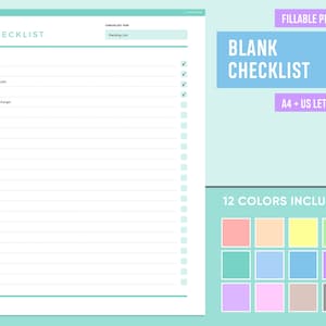 May include: A printable checklist template with a light blue background. The checklist is titled "BLANK CHECKLIST" and includes the text "FILLABLE PDF" and "A4 + US LETTER". The checklist has a section for "Packing List" and includes a list of items with checkboxes. The template comes in 12 colors.