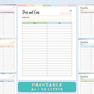 Printable Pros and Cons List PDF, Instant Download, Print at home Planner Pages, Life organizer templates, Pro and Con Print template