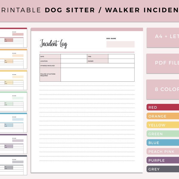 Printable, Dog Sitter Incident Log, Dog Walker Repot, Dog Record keeping Notes, Doggy Daycare Owner,  Incident Record, Incident Sheet