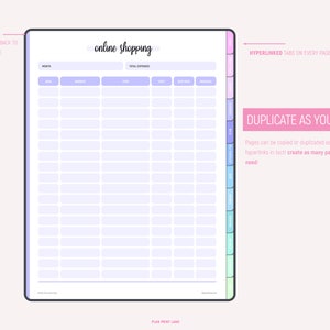 Online shopping tracker page in light purple with columns for date, website, item, cost, ship date, and received, featuring hyperlinked tabs and navigation options, with text explaining the duplicate feature allows creating multiple pages as needed.