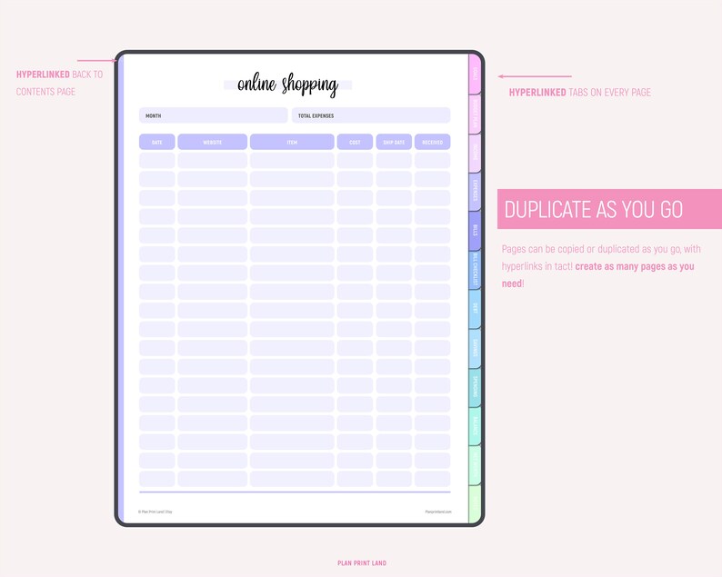 Online shopping tracker page in light purple with columns for date, website, item, cost, ship date, and received, featuring hyperlinked tabs and navigation options, with text explaining the duplicate feature allows creating multiple pages as needed.