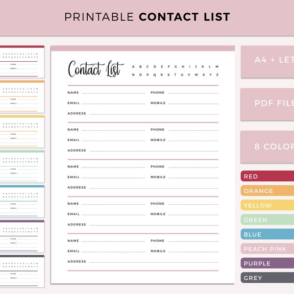 Printable Contact List, Address book printable, Client Contact information PDF, Instant Download, Planner templates, A4 and Letter size