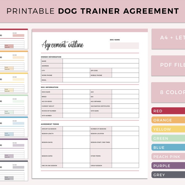 Printable Dog Trainer Agreement Outline | Dog Training Contract Template |  Dog Trainer Forms | Dog Trainer Planner Inserts | Puppy Trainer