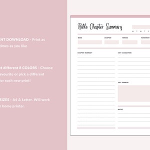 Pink background with text explaining instant download and color options, displaying a single Bible Chapter Summary page featuring date picker, book/chapter/verses/testament fields, chapter summary and key characters sections with dotted lines, key verse(s) box, and notes area.