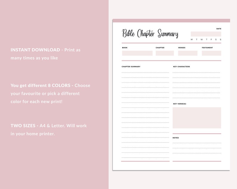 Pink background with text explaining instant download and color options, displaying a single Bible Chapter Summary page featuring date picker, book/chapter/verses/testament fields, chapter summary and key characters sections with dotted lines, key verse(s) box, and notes area.