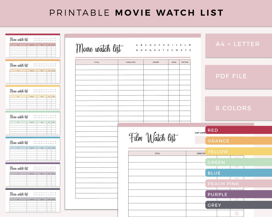 Film Watchlist, Movie Watch Checklist Printable, Movie Journal, Film