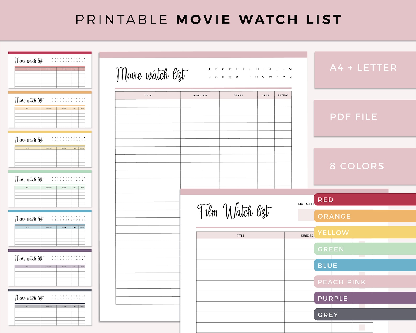 Film Watchlist Movie Watch checklist printable Movie Etsy España
